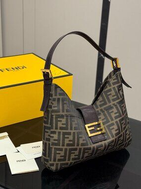 FENDI Zucca Hobo Shoulder Bag Brown Canvas